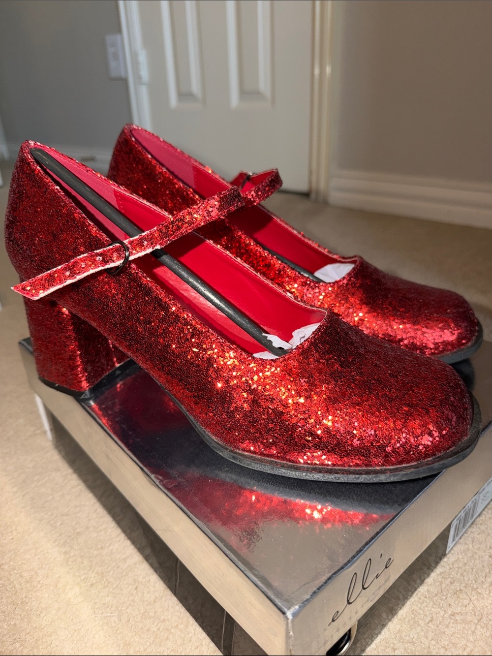 Ellie Red Glitter Mary Jane Block Heels